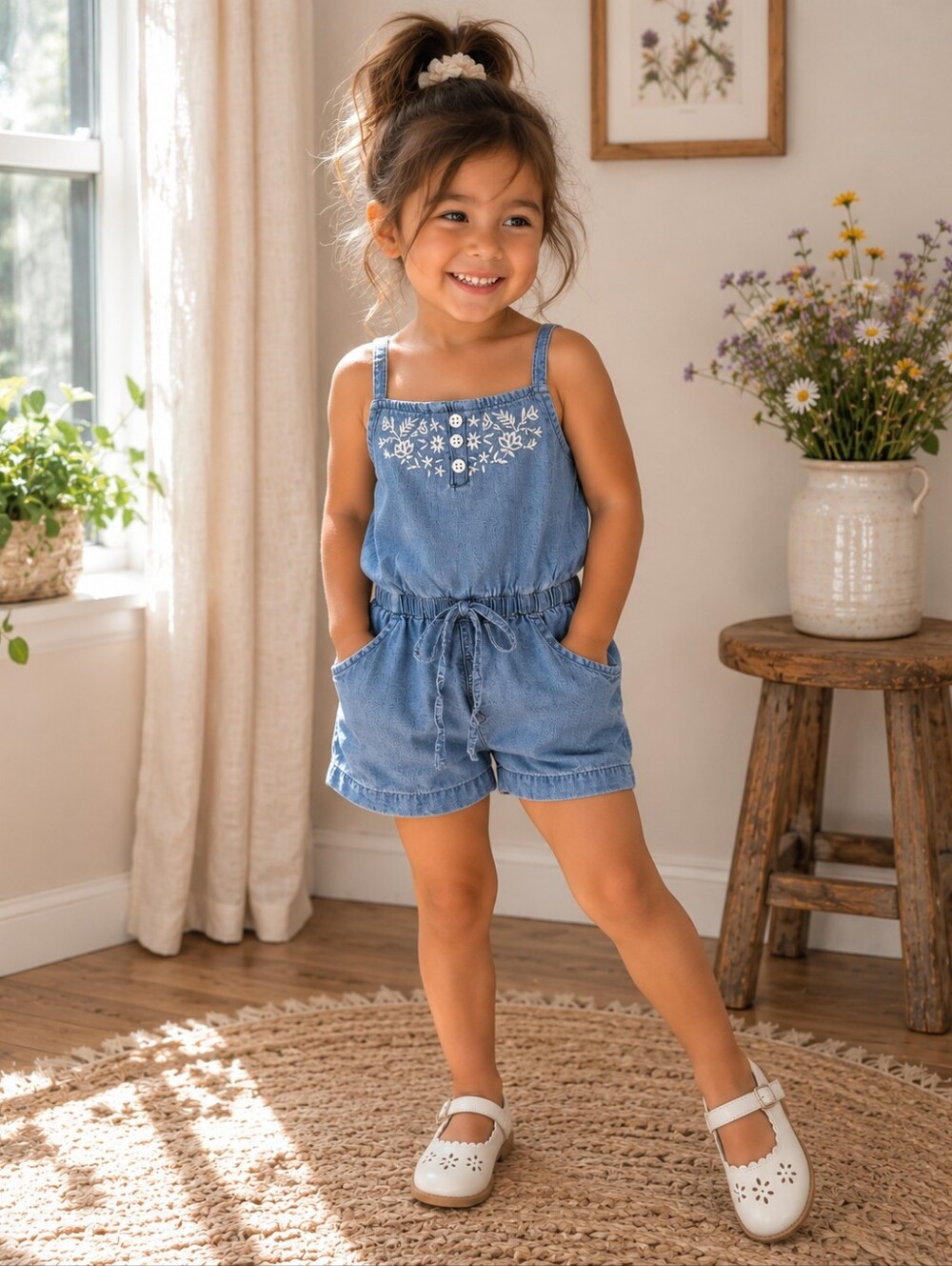 Carter's 3T Chambray Romper Toddler Girls Embroidered Summer One Piece Blue